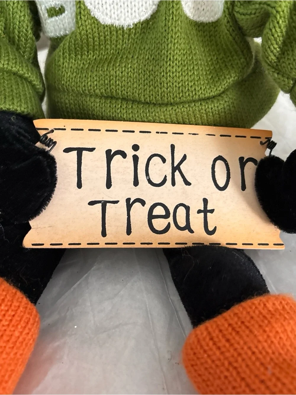 Black Cat Plush with Green 'BOO' Sweater and Orange Socks - Halloween Decor